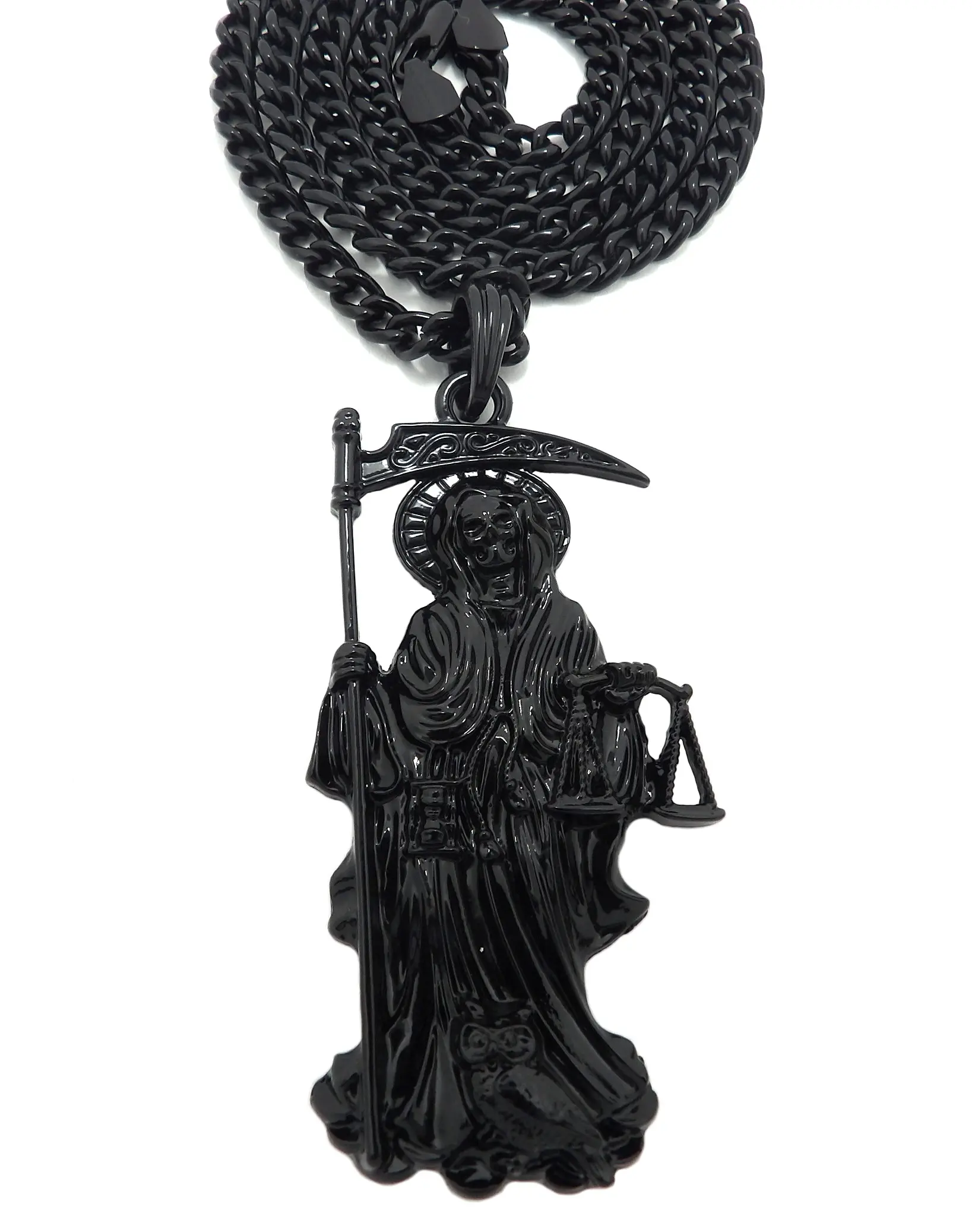 MaxBling81 Unisex Jet Black Hip Hop Santa Muerte (Saint Death) Charm Pendant Necklace - 5mm 24" Cuban Link-Style Chain, Metal-Coated Style, Gothic Heavy Metal Chain Jewelry Costume Accessory with Durability, Metal Coating