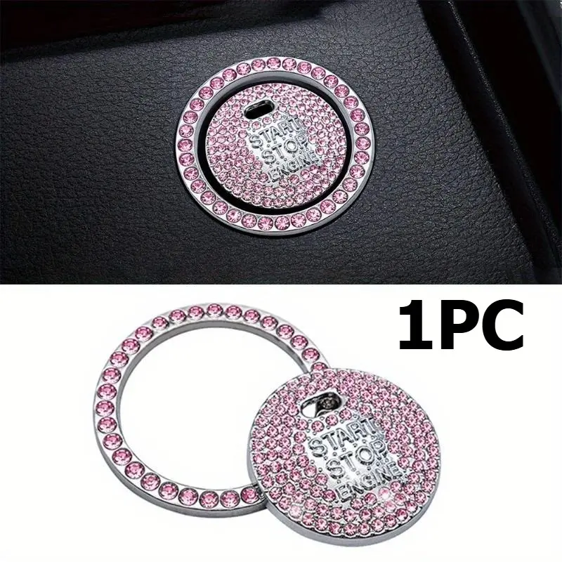 1pc Diamond studded button ignition start stickers Car Interior Decorative, car interior accessories, universal pink diamonds car engine ignition start stop button decoration ring crystal switch cover stickers Car Accessory