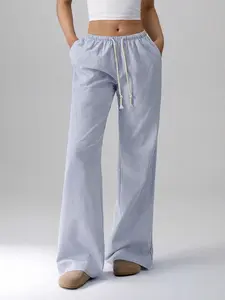 Women's Striped Drawstring Waist Adjustable Fitted Straight Leg Trouser Pants, Fashion Casual Wear, Comfortable and Stylish, Perfect for Daily