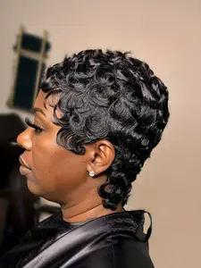 99j brown color Pixie Cut Wig human hair textured wig Short Curly Wavy Wig Natural Black Color for Women Short Hair Wig, Stylish Hairpiece