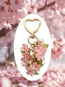 Heart-Shaped Cherry Blossom Keychain, Fashionable Cute Keychain, Enamel Sakura Pendant, Imitation Pearl Flower Bag Charm, Valentine's/mother's Day Gift