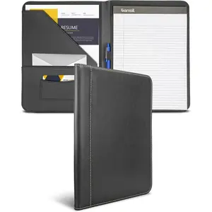 Contrast Stitch Faux-Leather Padfolio, Business Portfolio for Men and Women, Resume Document Organizer with 8.5 x 11 Inch Writing Pad, Black