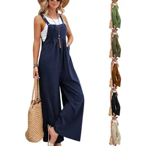 Overalls for Women Linen Casual Sleeveless Jumpsuits Straps Bib Overall Baggy Pleated Palazzo Pants with Pockets