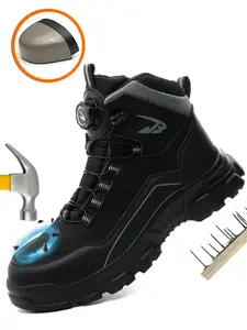 Men's Anti-impact & Anti-puncture High Top Safety Shoes, Casual Comfortable Breathable Work Shoes, Outdoor Sports Protective Rotating Button Lock Shoes, Closed