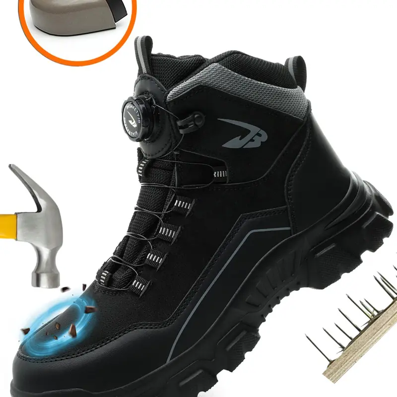 Men's Anti-impact & Anti-puncture High Top Safety Shoes, Casual Comfortable Breathable Work Shoes, Outdoor Sports Protective Rotating Button Lock Shoes, Closed
