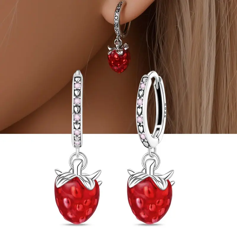 Women's 925 Sterling Silver Dangle Earrings - Sweet Strawberry Design Hypoallergenic Earrings Set, Lead-Free Fashion Accessory, Gift for Loved Ones
