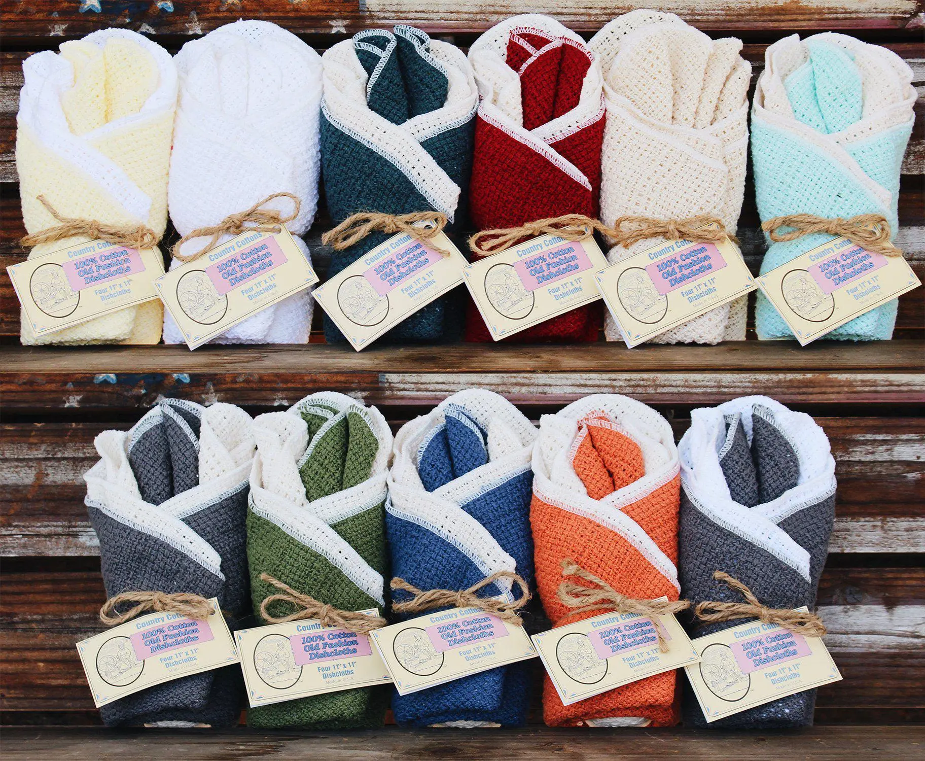 US Natural Cotton Dishcloths Set of 4 - Old-Fashioned Country Style, Beauty-Enhancing Home Care Cleaning Cloths for Long-Lasting Dishwashing Use, Kitchen, Pre-Shrunk