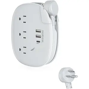 USB C Portable Travel Power Strip with 3 Outlets 3 USB Ports Fast Charge, USB Extendable Outlet Extender with Flat Plug and 3ft Wrapped Around Extension Cord for Cruise Travel  Office