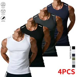 Set of 4 men’s solid-color crew-neck tank tops—classic sleeveless summer tops that are casual and comfortable for everyday wear, with a relaxed fit.summervibes