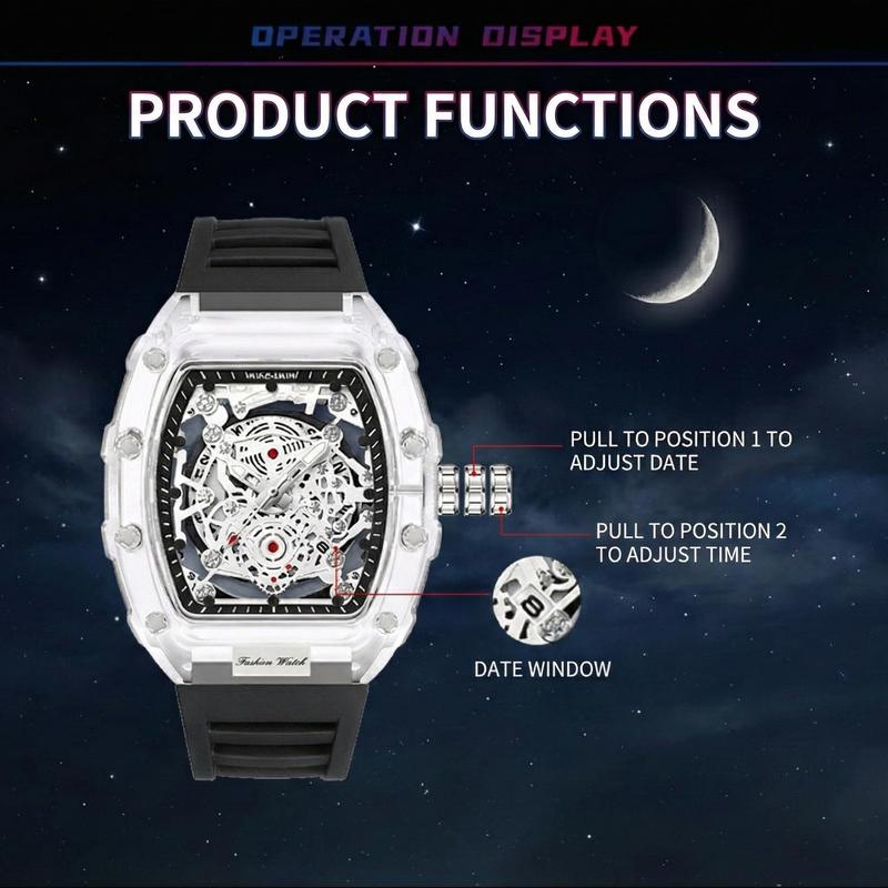 Men's Luxury Transparent Waterproof Barrel-Shaped Tonneau Skeleton Quartz Watch with Calendar Display & Luminous Markers Water Resistant Wristwatch for Daily Party & Outdoor Use Great Birthday Gift Idea with Tin Box Included Men's Luxury Transparent Waterproof Barrel-Shaped Tonneau Skeleton Quartz Watch with Calendar Display & Luminous Markers Water Resistant Wristwatch for Daily Party & Outdoor Use Great Birthday Gift Idea with Tin Box Included
