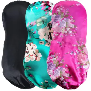 3 count Long Satin Bonnet Sleep Cap,Extra Long Bonnet for Braids,Comfortable Braid Bonnet for Sleeping,Silk Bonnet for Women Dreadlocks,Long Hair,Soft Elastic Band (Black, Green, Red)