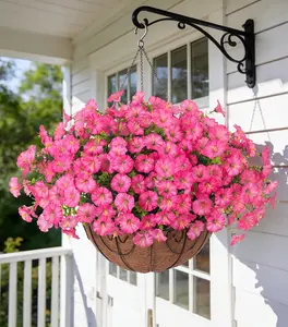 Artificial Faux Hanging Plants Flowers Basket for Outdoors Outside Spring Summer Decoration, Silk Pink Morning Glory in Planter UV Resistant Look Real Fake Flowers for Porch Patio Balcony Home Yard