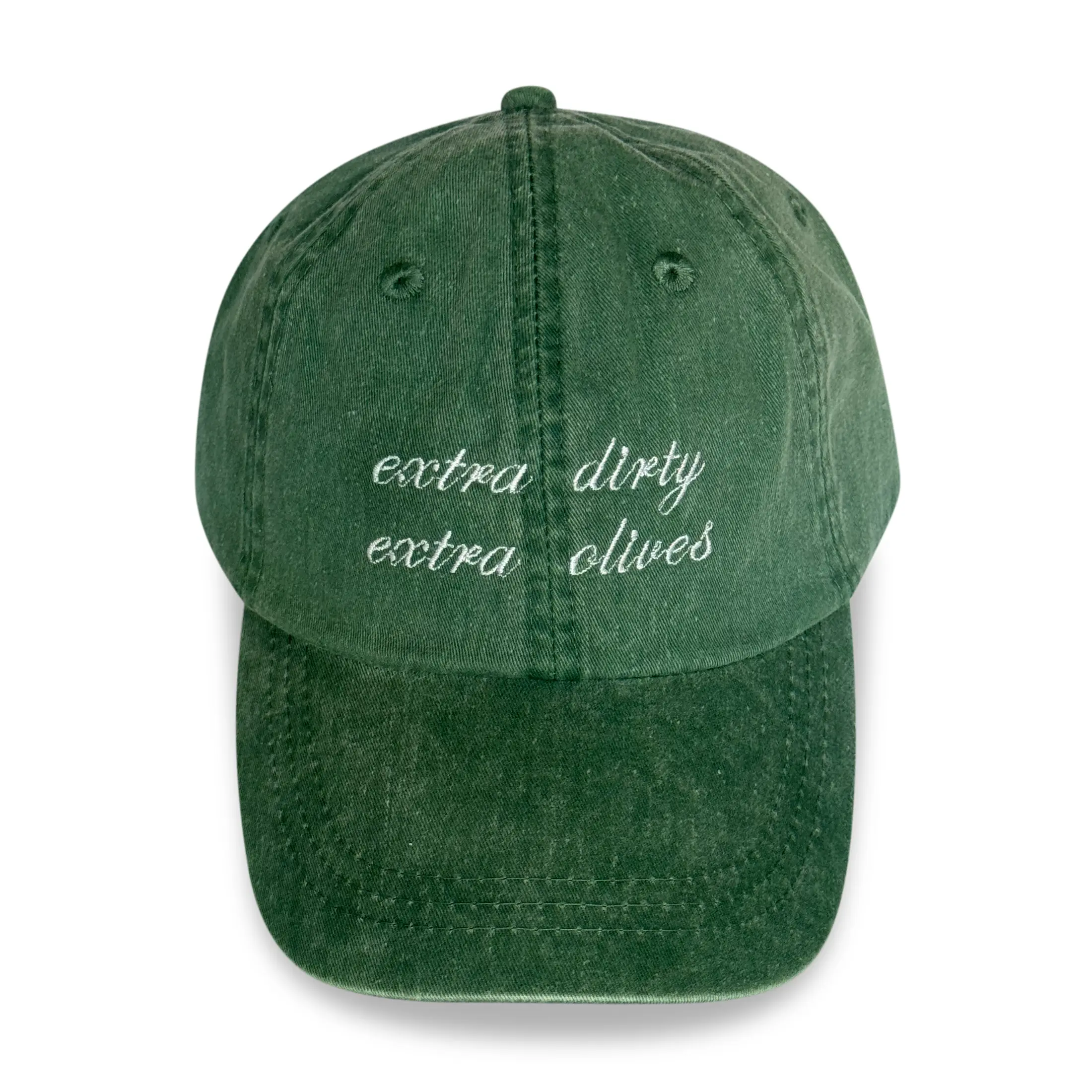ValDesigns Women's Vintage Embroidered Cotton Cap - Adjustable Relaxed Fit, Distressed "Extra Dirty Extra Olives" Green, Brass Buckle Strap Closure, Fashion Matching Hat, Fashion Accessory, Embroidered Hats, Washed-Out, Vintage 6Panel, 100% Cotton Hats