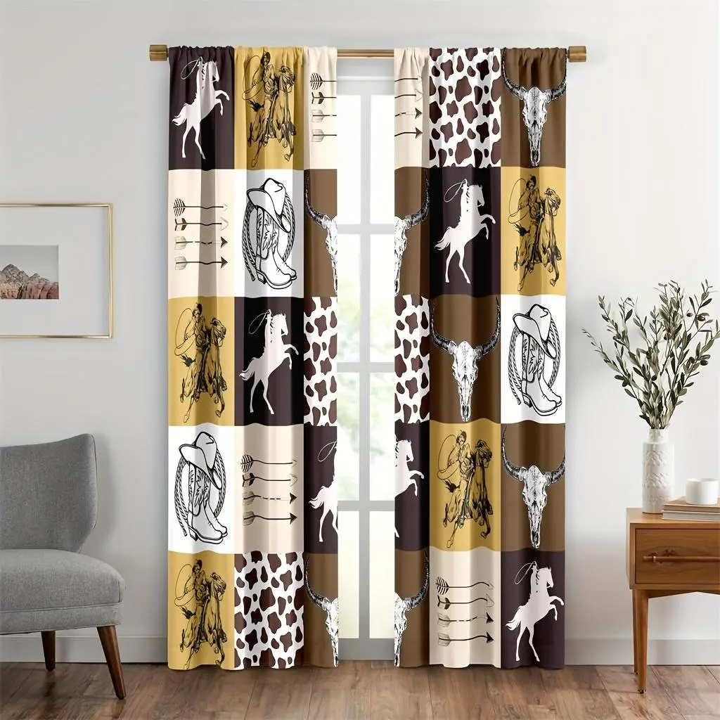 2pcs Vintage Western Curtains, Boho Retro Farmhouse Tribal Cowboy Hat Boots Arrow Horse Brown Kids Boys Men Bedroom Living Room Rod Pocket Decoration Window Drapes