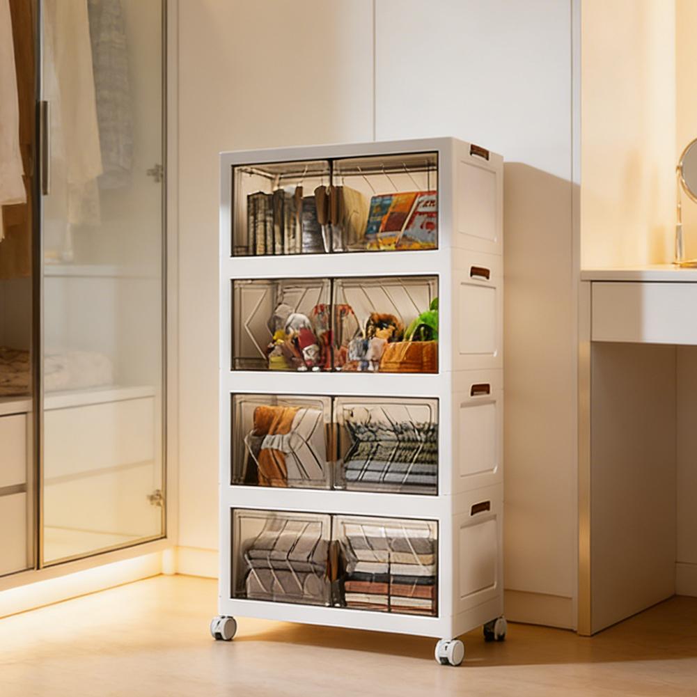 4 Tier Collapsible Storage Bins with Doors & Wheels Stackable Closet Organizers (Clear White)