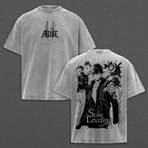 Arise Sung Jin-Woo Tee Washed – Solo Leveling Vintage Washed Heavy Cotton Oversized Anime Manga T-Shirt & Tank Top, Shadow Monarch with Beru Igris Bellion Tusk Edition, Double Printed Retro Unisex Streetwear Graphic Top
