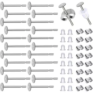 300pcs Earring Posts Backs Silver Stainless Steel Hypoallergenic 4mm Flat Pad Blanks Studs with Clear Rubber Butterfly Earring Backs for DIY Jewelry Making