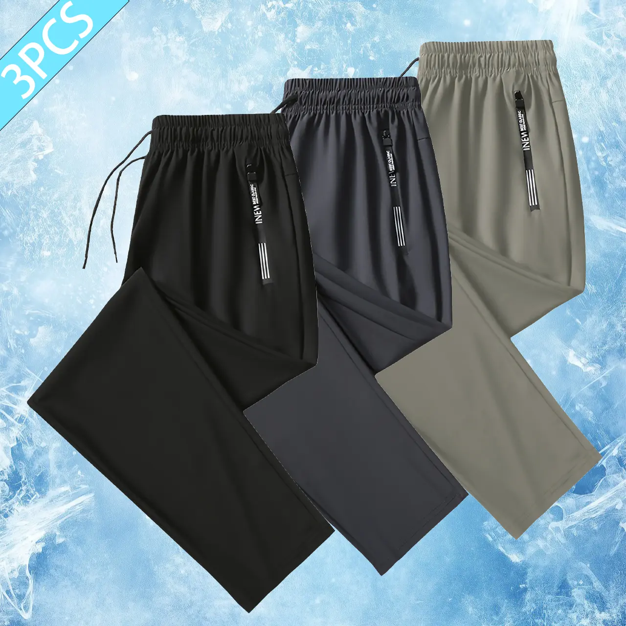 Men's 3-Pack Ice Silk Athletic Sweatpants - Black + Gray + Army Green, 20% Spandex Nylon, Cool-Touch, Quick-Dry, Breathable, Elastic Waist, Zipper Pockets, Straight Leg, Multi-Size Summer Menswear for Day Use