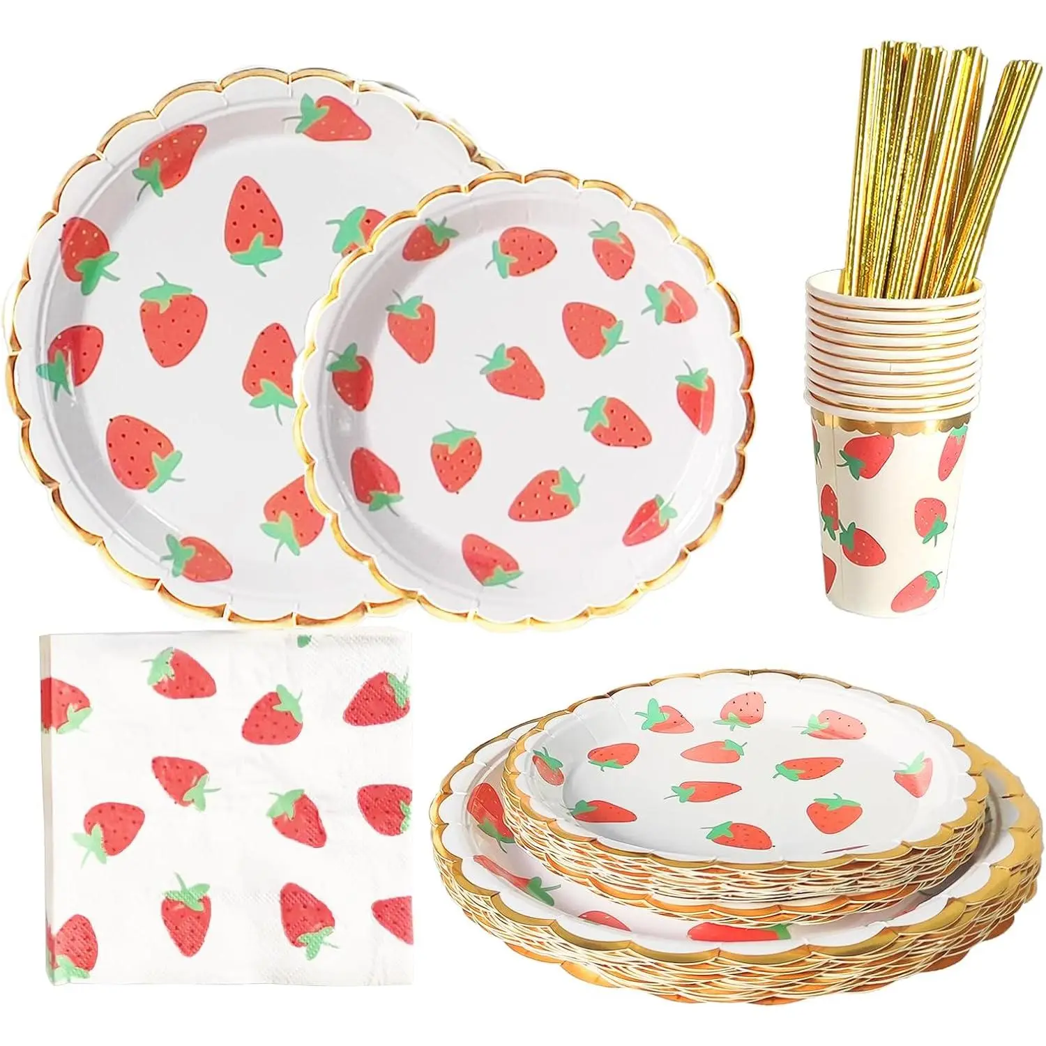 Strawberry Theme Party Tableware Set, Shower Dinnerware Decoration Supplies Including Plates,Napkins,Cups and Straws for Fruit Party,Wedding,Birthday - Serve 20 Guests