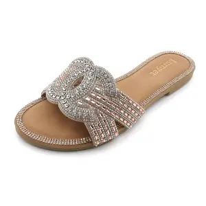 Women's Open Toe Rhinestone Slide Sandals Casual and Dressy Slip-On Flats for Beach and Beyond