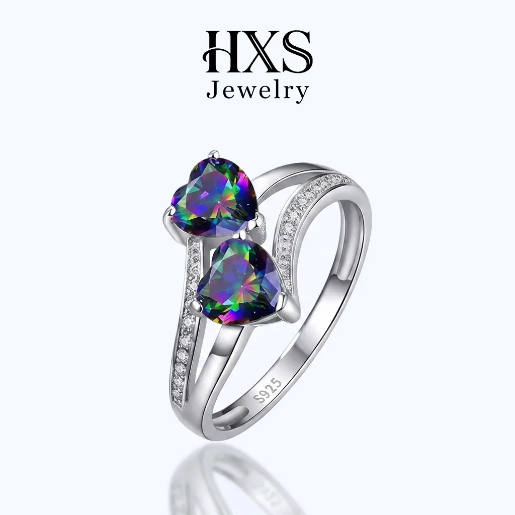 HXS 925 Sterling Silver Double Heart Mystic Topaz Ring, Sparkling CZ Fashion Engagement Promise Ring, Artificial Gemstone Wedding Band Gift, Fashion Engagement Ring
