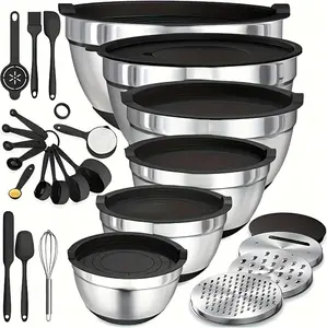 Mixing Bowls with Airtight Lids Set, 26PCS Stainless Steel Khaki Bowls with Grater Attachments, Non-Slip Bottoms & Kitchen Gadgets Set, Size 7, 4, 2.5, 2.0,1.5, 1QT, Great for Mixing & Serving