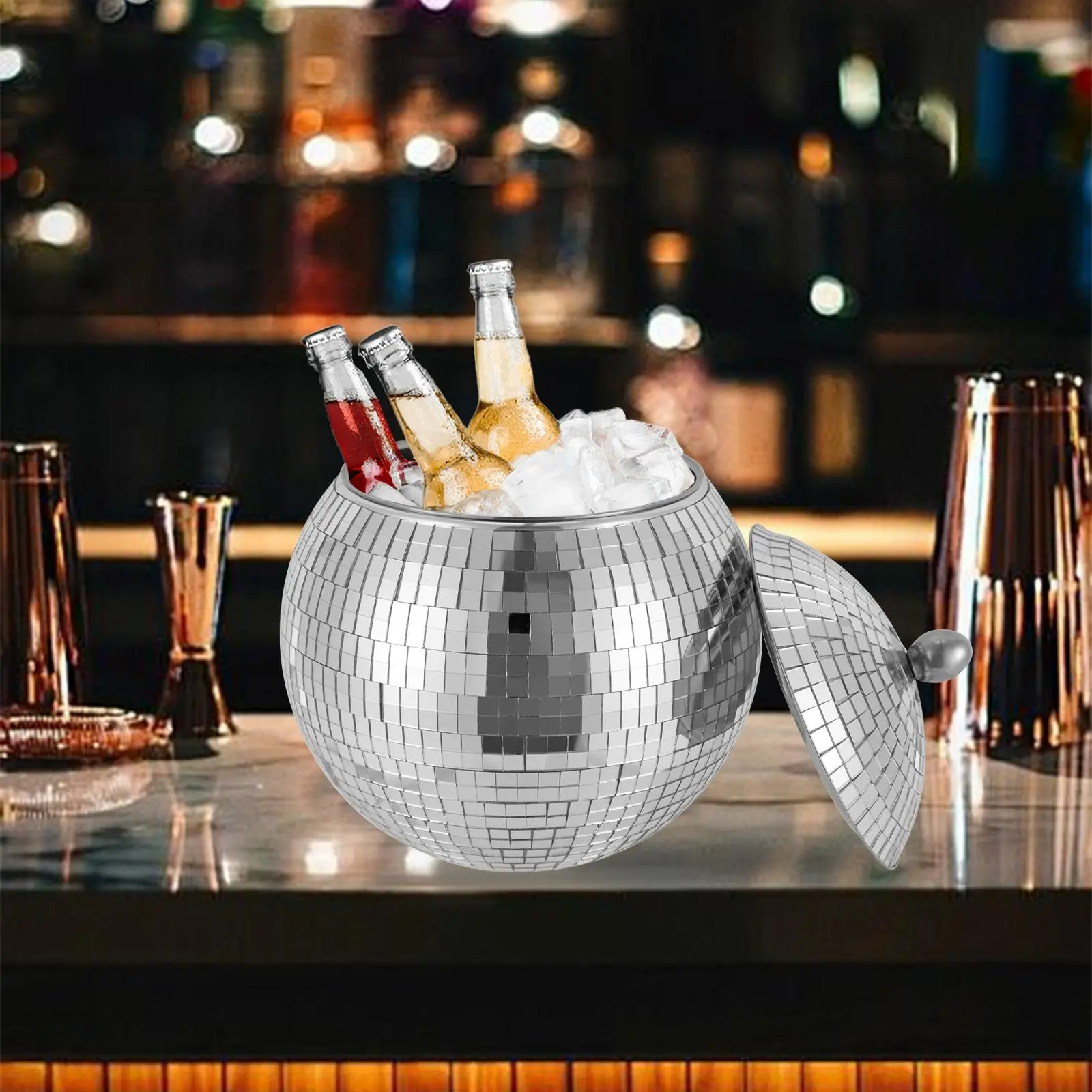 Handmade Round Shape Stainless Steel Disco Ice Bucket Set - 1.5L/0.4gal Durable Double Insulated Removable Beverage Tub for Adults' Beer, Cocktail, Silver Bar Utensils, Sizes: 15*9.3cm/5.91*3.66in, 16cm/6.3in, 20cm/7.87in
