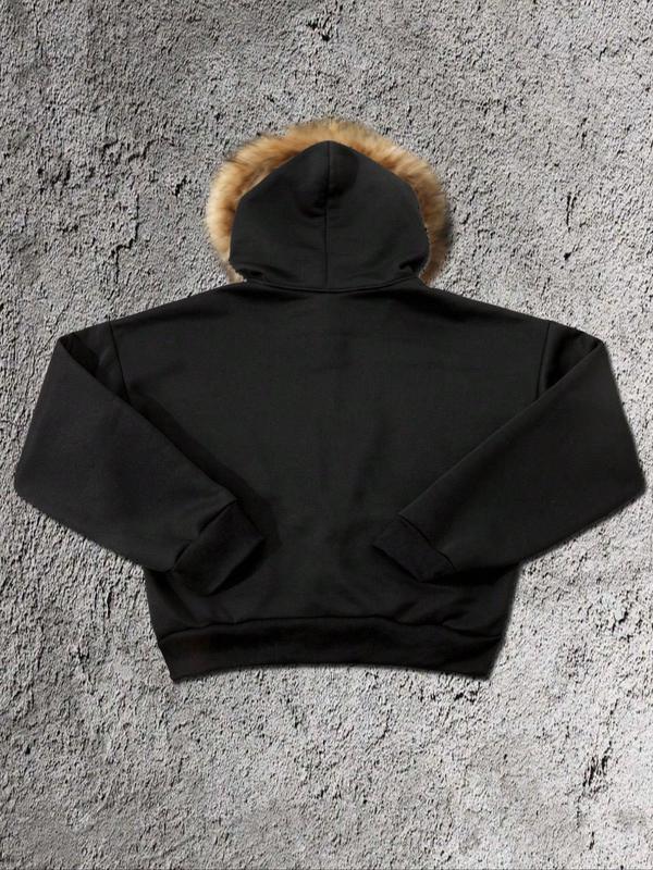 Unisex Zippered Hoodie with Faux Fur Collar, Color Block Star Print Street Style, Retro Urban Fashion for Spring & Fall