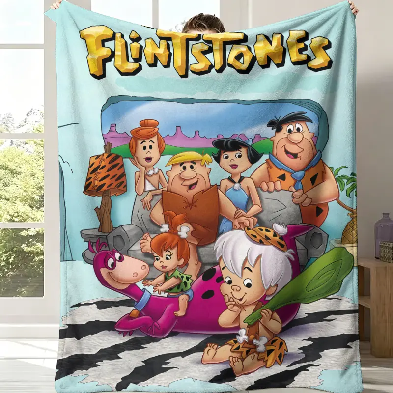 Flintstones Living Room Family Portrait Flannel Blanket - Pale Mint Background,Full Flintstone-Rubble Family Dino Pebbles Bamm-Bamm Zebra Rug Cave Scene, Golden Stone Logo, Soft Fleece, Retro Hanna-Barbera Fan Bedroom Decor, Nostalgic Cartoon Gift