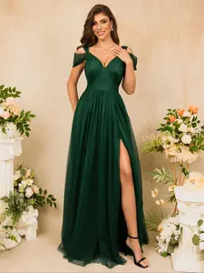 Woman's Plain Mesh Ruched Dress –  Elegant Off-Shoulder High-Waisted Thigh Slit & Tulle Elegant Gown - Perfect For Weddings  bridesmaid, guests