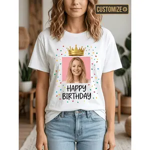 Custom Photo T-Shirt Personalized Picture Tee with Your Own Photo/Text & Crown Confetti Print Suitable for Birthday Party Shirts, Soft Breathable Crewneck Short Sleeve Women Men, DIY Gift Group Events