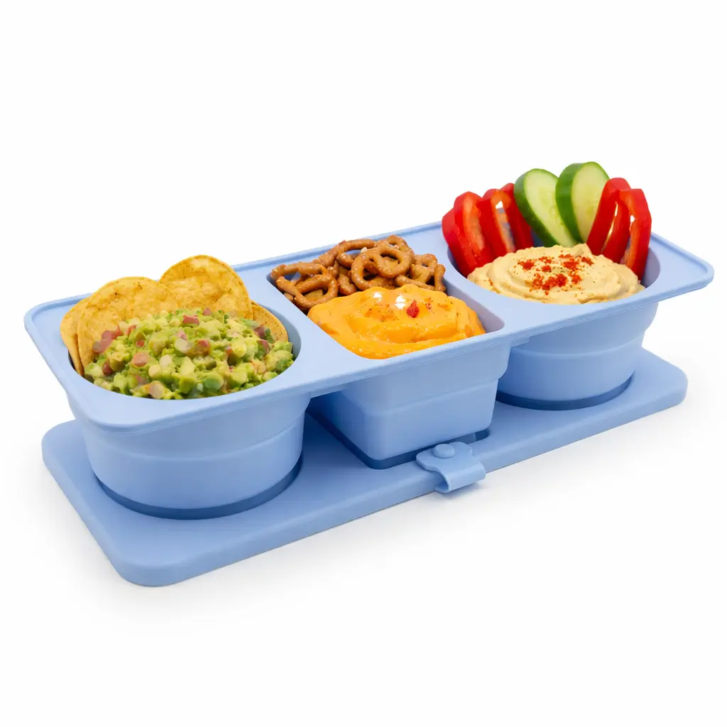 3-Compartment Collapsible Silicone Reusable Leakproof Lunch Boxes with Lids - Portable Kids Tableware Snack Containers for Packing Lunch for My Kid, Family Picnic (Blue & Pink)