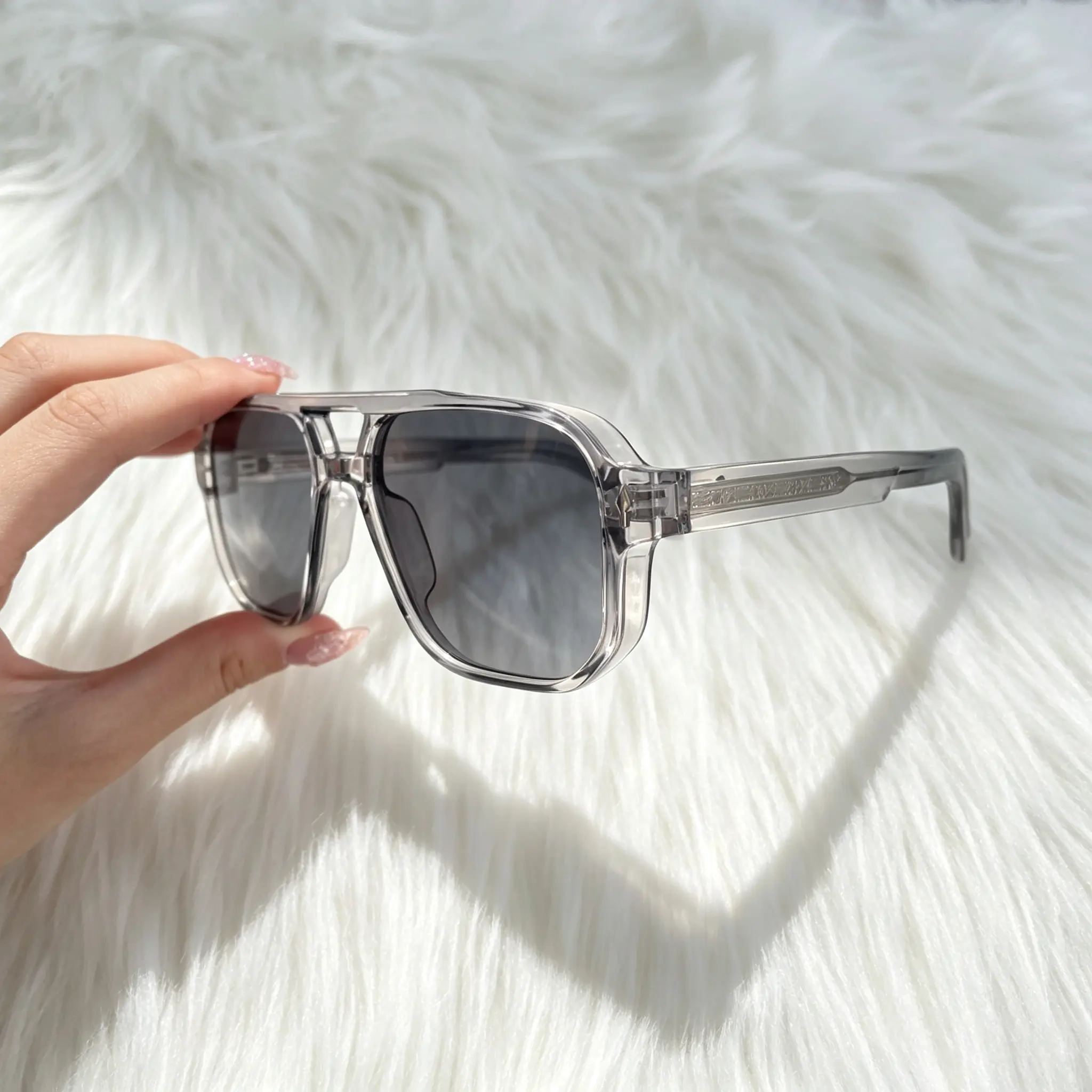 Men's Retro Square Aviator Sunglasses - Translucent Gray Frame, Anti-Glare Dark Lenses, Delicate Engraved Temples, Lightweight Eyewear for Travel, Driving