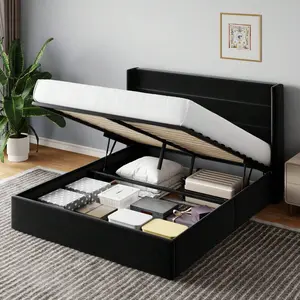 Full/Queen/King Size Lift Up Storage Bed With Wingback Headboard, Heavy-Duty Hydraulic Bed, Upholstered Platform Bed Frame - Large Underneath Storage/Strong Wooden Slats Support, Noise-Free, Black & White & Beige & Dark Grey & Grey Blue & Light Grey &