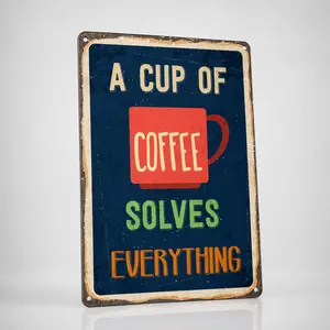 Vintage Aluminium Metal Sign, 8x12 in "A Cup Of Coffee Solves Everything" Wall Decor for Kitchen, Coffee Lovers Gift