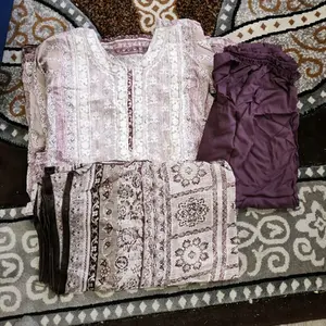 PAKISTANI SHALWAR KAMEEZ BRAND NEW STITCHED 3 PIECE SET BEIGE AND WHITE Casual Suit Traditional Lightweight