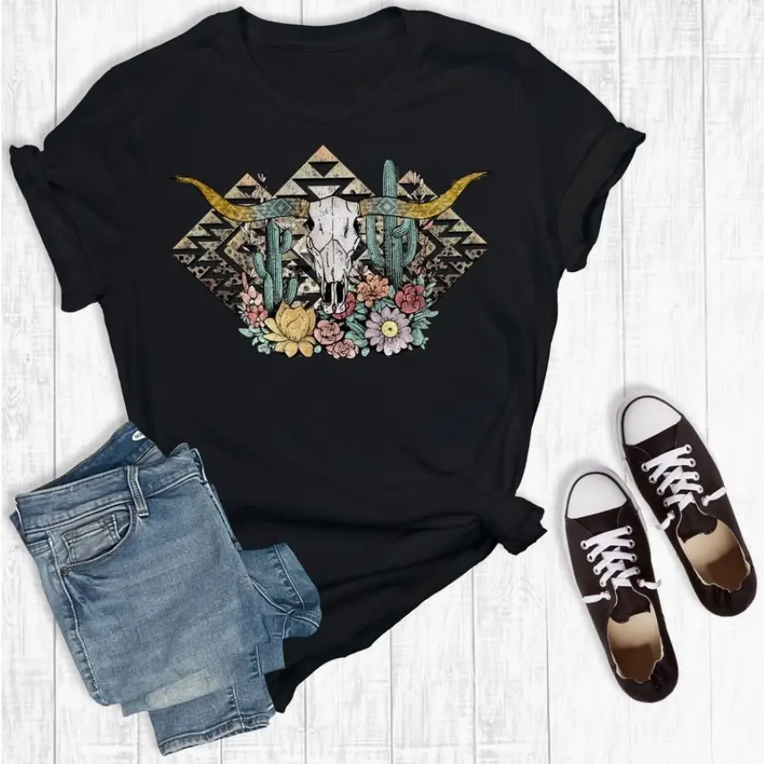 Western Longhorn Aztec Graphic Tee, Trendy Aztec T-shirt, Western Cowgirl Shirt , Cute rodeo T-shirt Tribal Southwestern Shirt