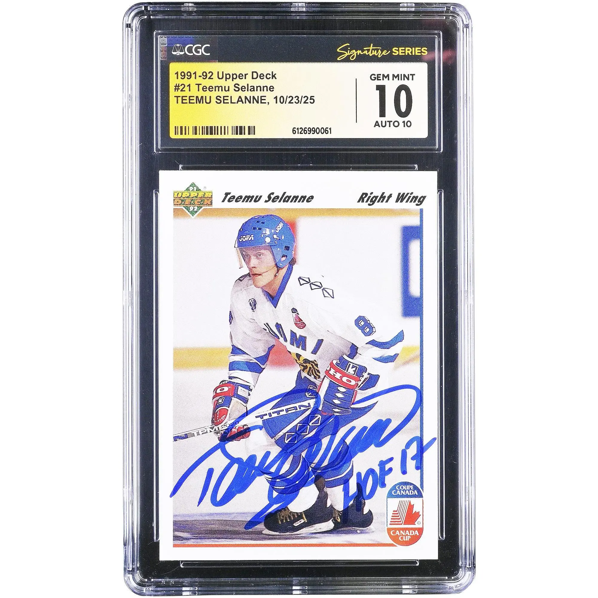 Teemu Selanne Finland Autographed 1991-92 Upper Deck #21 CGC Fanatics Witnessed Authenticated 10/10 Rookie Card with "HOF 17" Inscription - Fanatics Authentic Certified