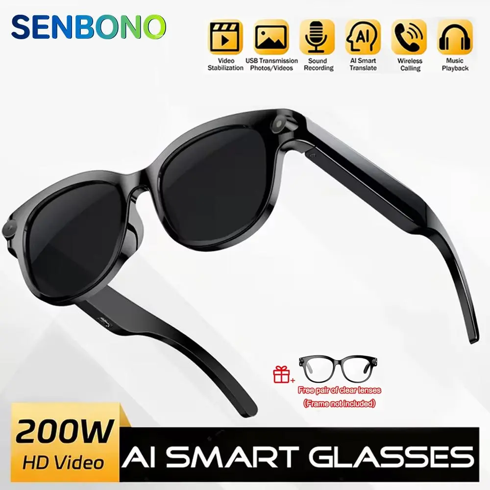 SENBONO Portable Modern Rectangular Unisex Adults Wearable Smart Glasses with Camera - Chargeable AI-Tracking Device, AI Real-Time Translation, Voice Control, HD Video Recording, Bluetooth, Phone Call Support, USB-C Charging, Batteries, Cycling Use
