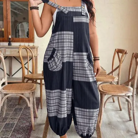 [Plus Size] Geometric Fitted Overalls Jumpsuit, Casual Comfy Sleeveless Jumpsuit for Daily Wear, Women's Plus Womenswear Clothing for All Seasons, Overall Jumpsuits