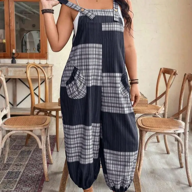 [Plus Size] Geometric Fitted Overalls Jumpsuit, Casual Comfy Sleeveless Jumpsuit for Daily Wear, Women's Plus Womenswear Clothing for All Seasons, Overall Jumpsuits