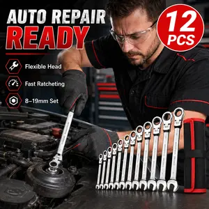 12-Piece Flex Head Ratcheting Wrench Set 8-19mm, 72-Tooth 180° Swivel Combination Wrenches, Chrome Vanadium Steel Open End & Box End Spanner Tools with Storage Roll for Auto Repair, Garage, Mechanic, DIY Home Maintenance