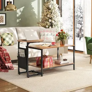 WLIVE Coffee Table, 31.3" and 18.7" Small Coffee Tables for Living Room, Modern Center Table and Side Table Set with Storage Side Pouch for Bedroom, Apartment, Rustic Brown