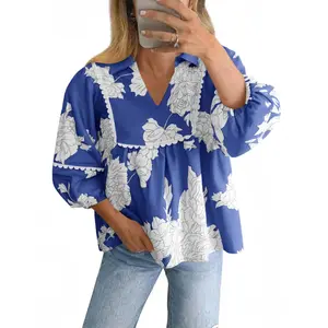 Fessceruna Womens Floral Peplum Babydoll Tops 3/4 Puff Sleeve Pleated Blouse Cute Casual V Neck Loose Fit Flowy Boho Shirts