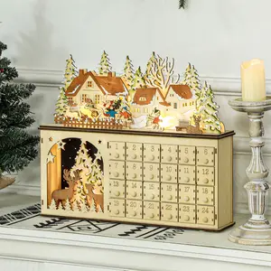 Wooden Christmas Advent Calendar with 24 Countdown Drawers LED Lights for Kids Adults Battery Operated Nature Wood MDF 17.75" L x 4" W x 15" H Reusable Design