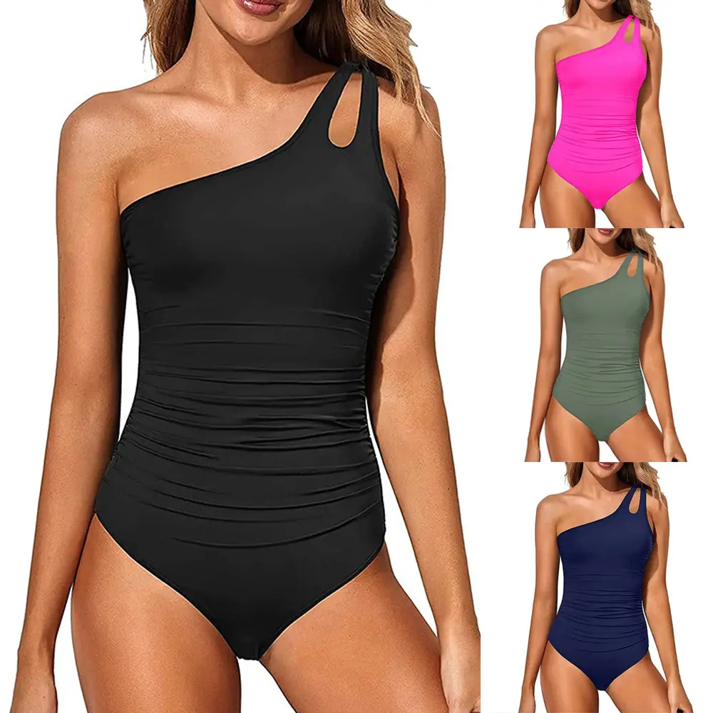 Women's New One-Shoulder One-Piece Swimsuit - Sexy Solid Color, Backless, Slim-Fit Bathing Suit