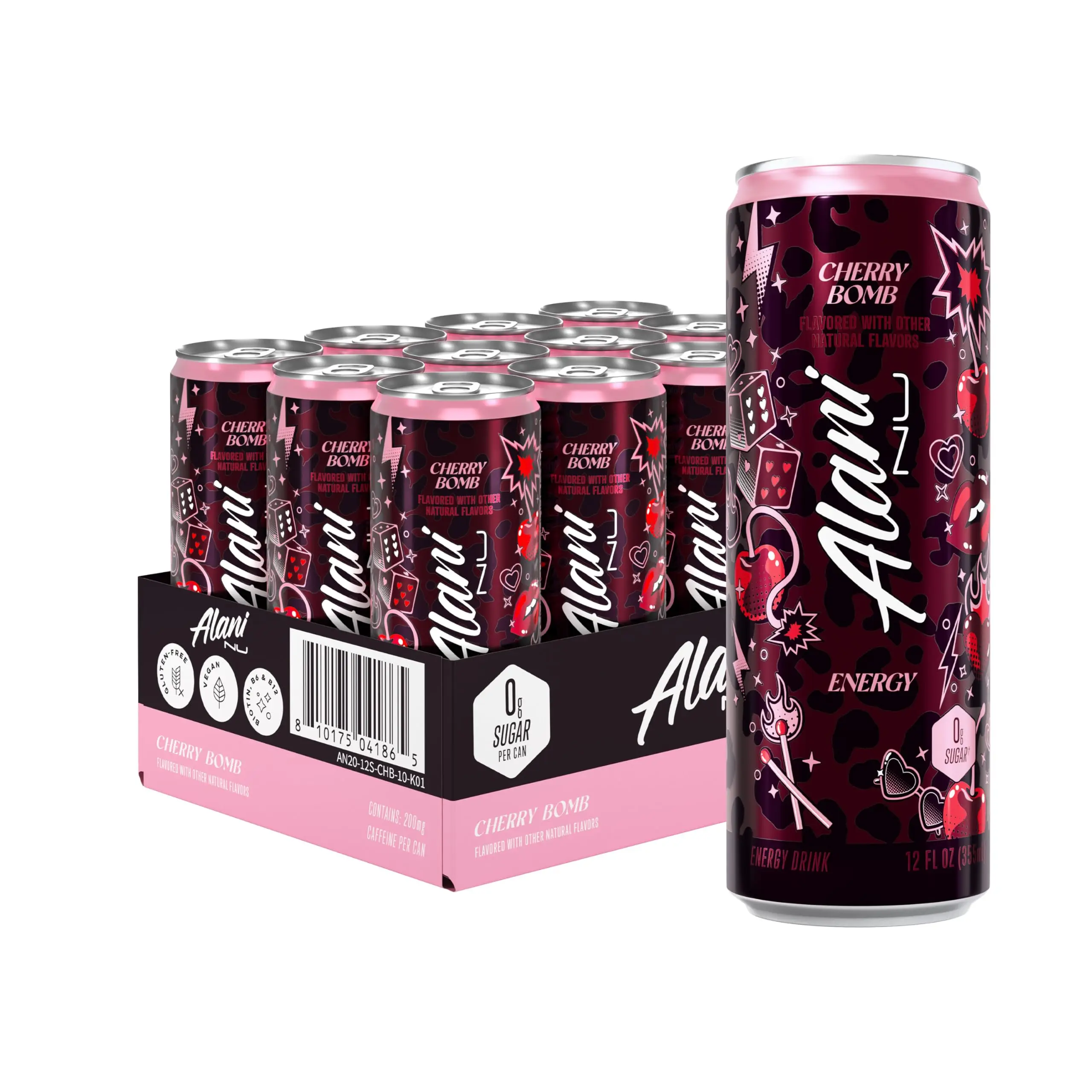 Alani Nu Cherry Bomb, Sugar Free, Low Calorie Energy Drinks, 200mg Caffeine (pack of 12)