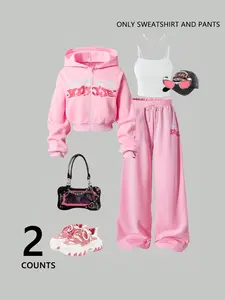 Women's Long Sleeve Pants Set, Casual Fashion Trend, Young Vibrant Style, Streetwear, Comfortable Daily Wear, Fitted, Natural Texture, Letter Pattern, Hoodie, Clothes