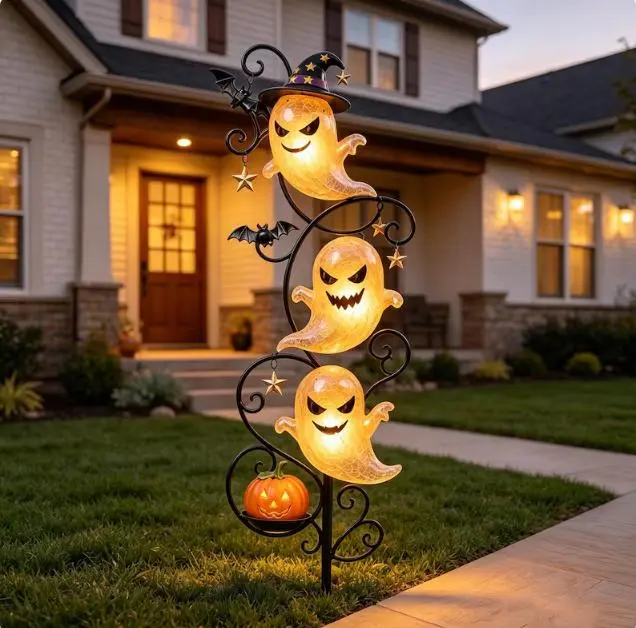 2D Spooky Solar Halloween Ghost Garden Stake Light - Black Metal Scroll Stand Decor with 3 Glowing Ghosts, Stars, Jack-O-Lantern, Waterproof Outdoor Pathway Accent for Lawn, Patio (Home Improvement Garden Sculpture Sun Catcher)