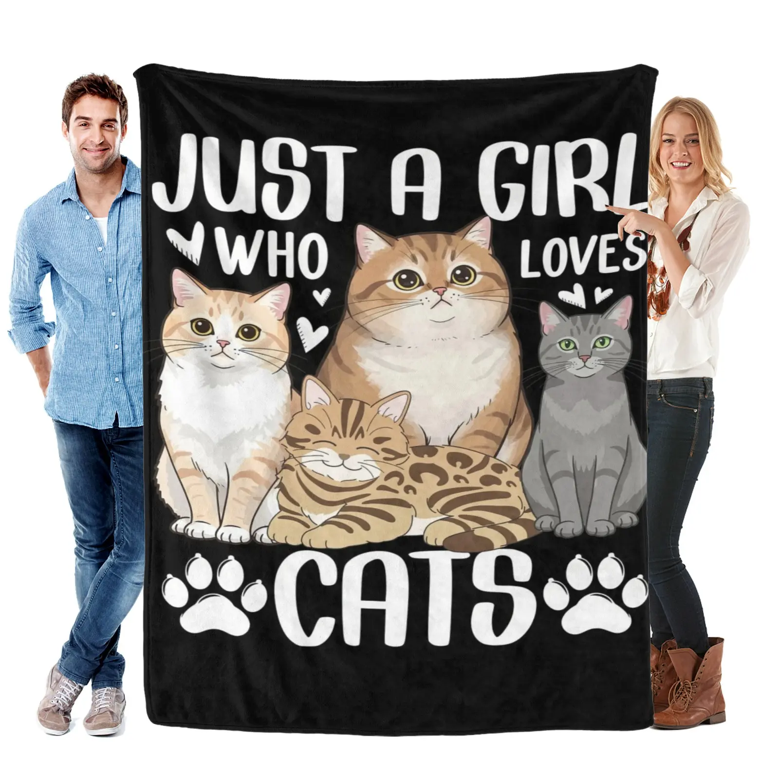 Custom Flannel Throw Blanket - "Just A Girl Who Loves Cats" Multi-Cat Figure Print, Warm Winter Camping Sleeping Gear, Decorative Giftable Couch Accessory, Custom Flannel Blanket, Decorative Giftable Blankets